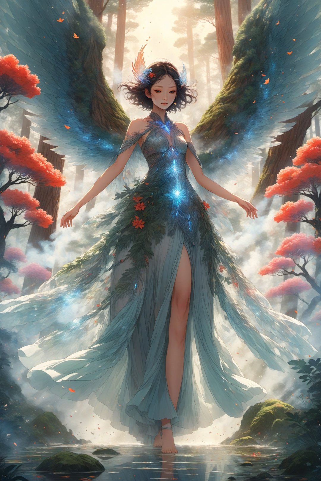  Illustrate a guardian of giant trees, a powerful being that protects ancient forests and nurtures the growth of new life.
,crystal_dress , crystal , wings ,, flowing skirts,（smoke）,Giant flowers,,Anime style,