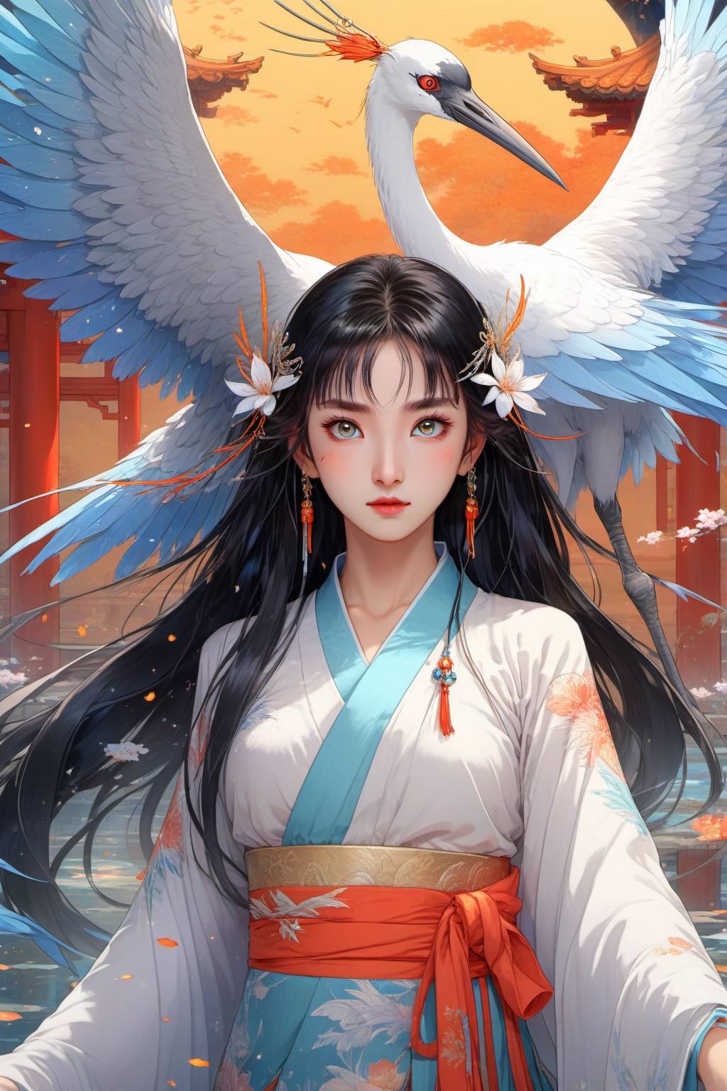 Anime style, (masterpiece: 1.3), best quality, animation works, 1girl, solo, long hair, bangs, hanfu, black hair, wide sleeve flowing fairy skirt, (crane), photos, 8k, complex, highly detailed, majestic, digital photography, broken glass, (fine and delicate beautiful eyes: 1.2), hdr, lifelike, high-definition, animation style, key vision, vibrant, studio animation, highly detailed,，<lora:蔚蓝动物:0.7>