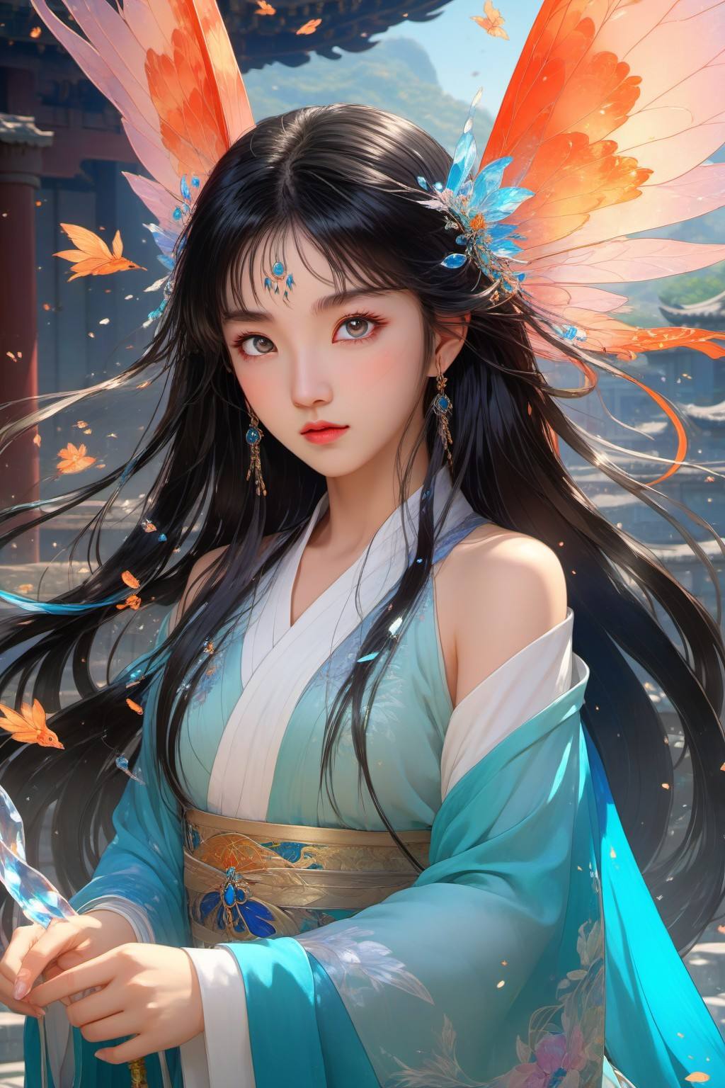 Anime style, (masterpiece: 1.3), best quality, animation works, 1girl, solo, long hair, bangs, hanfu, black hair, wide sleeve flowing fairy skirt, (mythical animal), photos, 8k, complex, highly detailed, majestic, digital photography, broken glass, (fine and delicate beautiful eyes: 1.2), hdr, lifelike, high-definition, animation style, key vision, vibrant, studio animation, highly detailed,，<lora:蔚蓝动物:0.7>