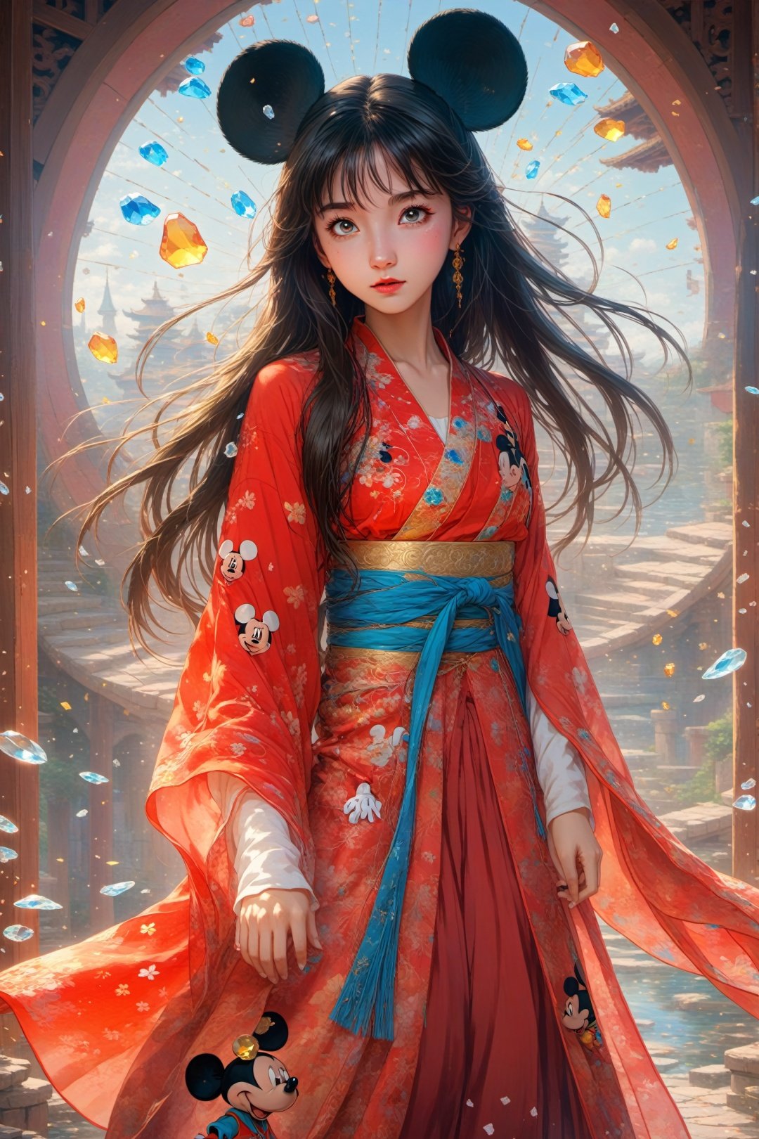  Anime style, (masterpiece: 1.3), best quality, anime works, 1girl, solo, long hair, bangs, hanfu, brunette, wide-sleeved flowing fairy skirt, (Mickey Mouse), photo, 8k, complex, highly detailed, majestic, digital photography, broken glass, (fine and delicate beautiful eyes: 1.2), hdr, realistic, high definition, anime style, key visual, vibrant, studio animation, highly detailed,