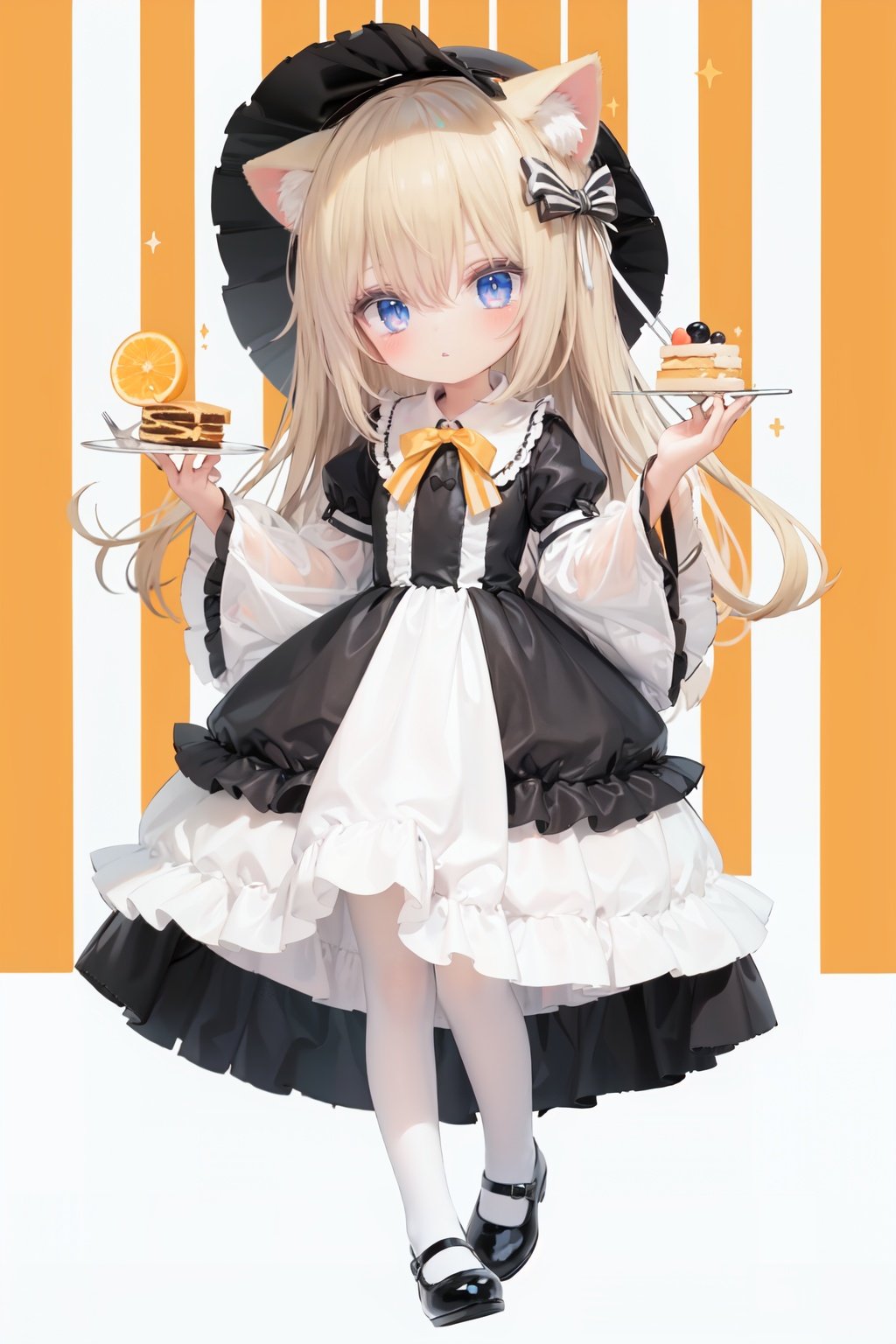  (cinematic lighting), dreamy atmosphere, Ray tracing, (((solo))), (loli:1.5), (child:1.5), (petite:1.5), green eyes, (animal ears), dress, solo, food, blonde hair, open mouth, long hair, pancake, flower, holding, bow, smile, fork, bird, socks, looking at viewer, shoes, striped background, holding fork, bonnet, striped, frills, long sleeves, :d, yellow dress, bangs, eyebrows visible through hair, blush, green nails, hair bow, nail polish, diagonal stripes, chick, sparkle, frilled dress, orange bow, fruit, full body, :3, hair between eyes, green bow, puffy sleeves, heart, lemon, orange footwear, animal ear fluff, white bow, cat ears, bobby socks, orange headwear, see-through sleeves, blue background, striped bow, hair ornament, white legwear, mary janes