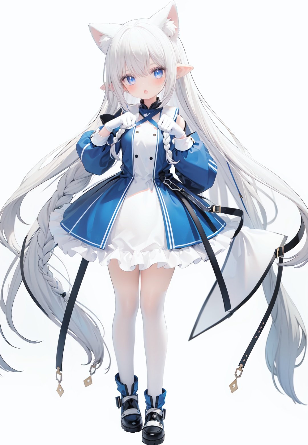  1girl, white_gloves, braid, full_body, gloves, long_hair, official_alternate_costume, pointy_ears, simple_background, solo, standing, very_long_hair, white_background, white hair, blue eyes, paw claw pose, open_mouth