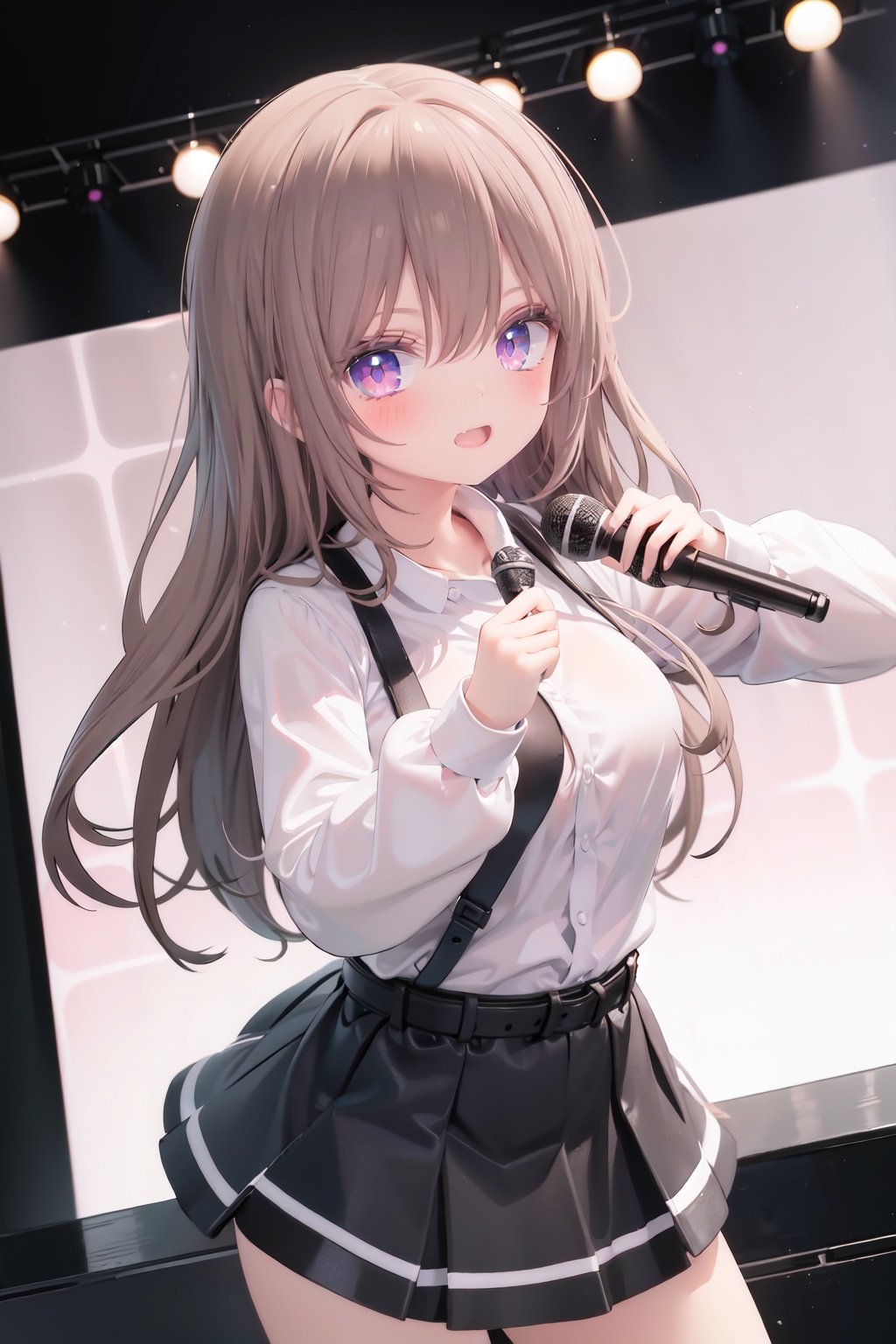  1girl, solo, microphone, smile, skirt, blush, brown eyes, long hair, open mouth, looking at viewer, brown hair, long sleeves, :d, shirt, bangs, belt, breasts, pink shirt, outstretched arm, music, black belt, medium breasts, holding microphone, singing