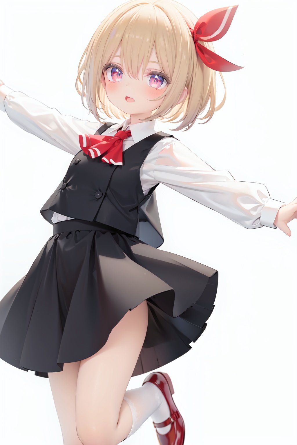  1girl, rumia, blonde hair, solo, white background, red eyes, red footwear, simple background, ascot, short hair, ribbon, open mouth, hair ribbon, smile, long sleeves, shirt, looking at viewer, red ascot, white socks, white shirt, red ribbon, shoes, socks, frills, bangs, outstretched arms, hair between eyes, skirt, :d, dress, vest, mary janes, black dress, black skirt, collared shirt, black vest, blush