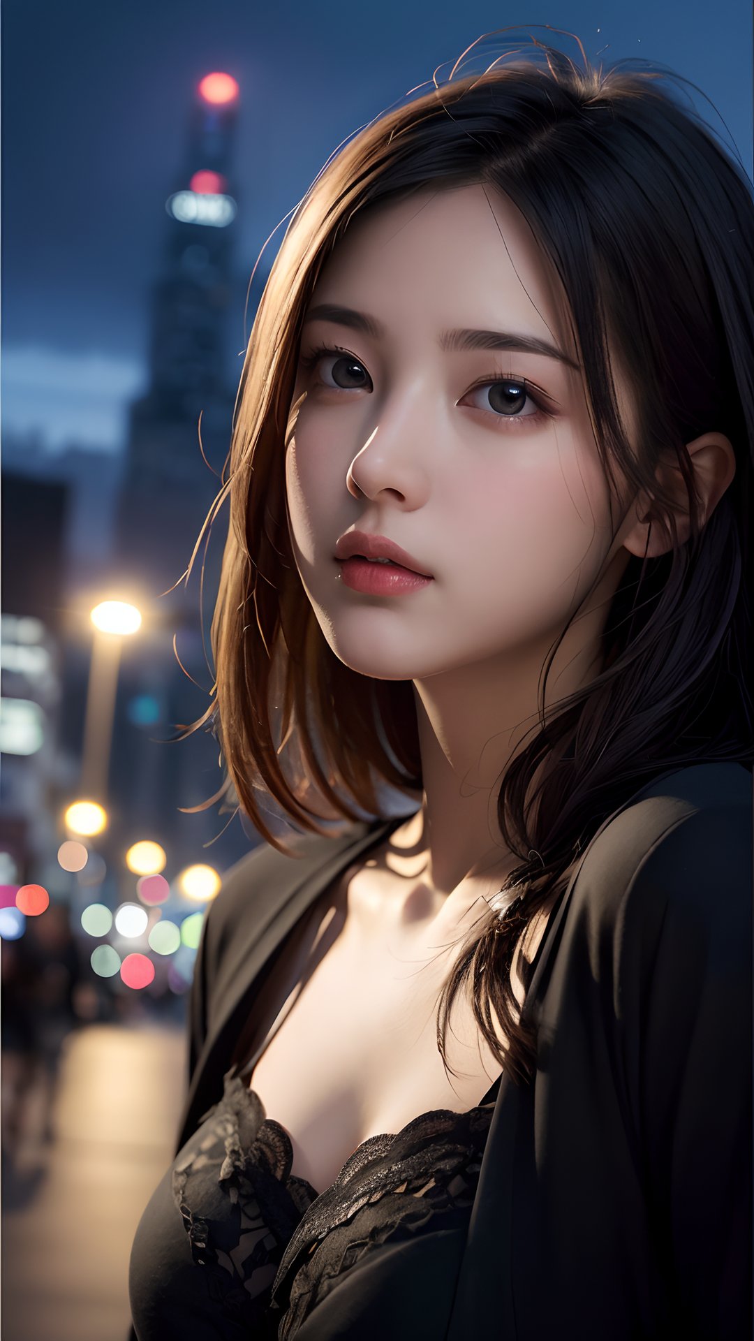 (best quality,masterpiece:1.2),ultra detailed,(photo realistic:1.4),solo,cute girl,night city,from below