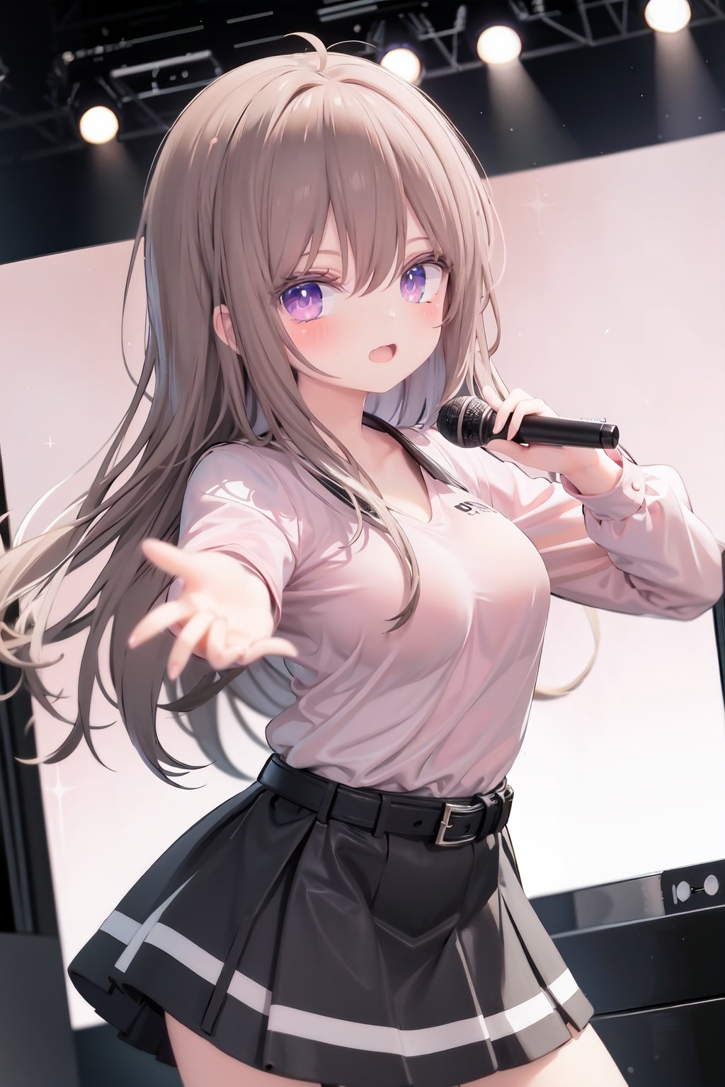  1girl, solo, microphone, smile, skirt, blush, brown eyes, long hair, open mouth, looking at viewer, brown hair, long sleeves, :d, shirt, bangs, belt, breasts, pink shirt, outstretched arm, music, black belt, medium breasts, holding microphone, singing