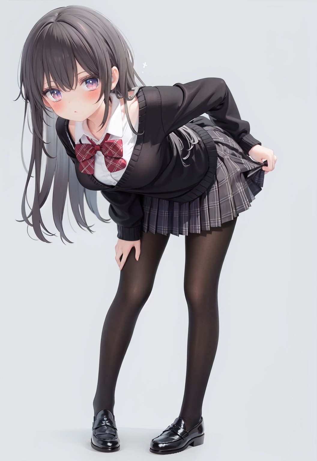  1girl, solo, pantyhose, skirt, long hair, loafers, shoes, simple background, school uniform, brown eyes, plaid, black pantyhose, plaid skirt, looking at viewer, black hair, pantyhose pull, full body, clothes pull, black footwear, pleated skirt, leaning forward, bangs, long sleeves, bent over, cardigan, bow, bowtie, standing, closed mouth, pulled by self, grey background, blush, miniskirt, red bow, sweater, undressing