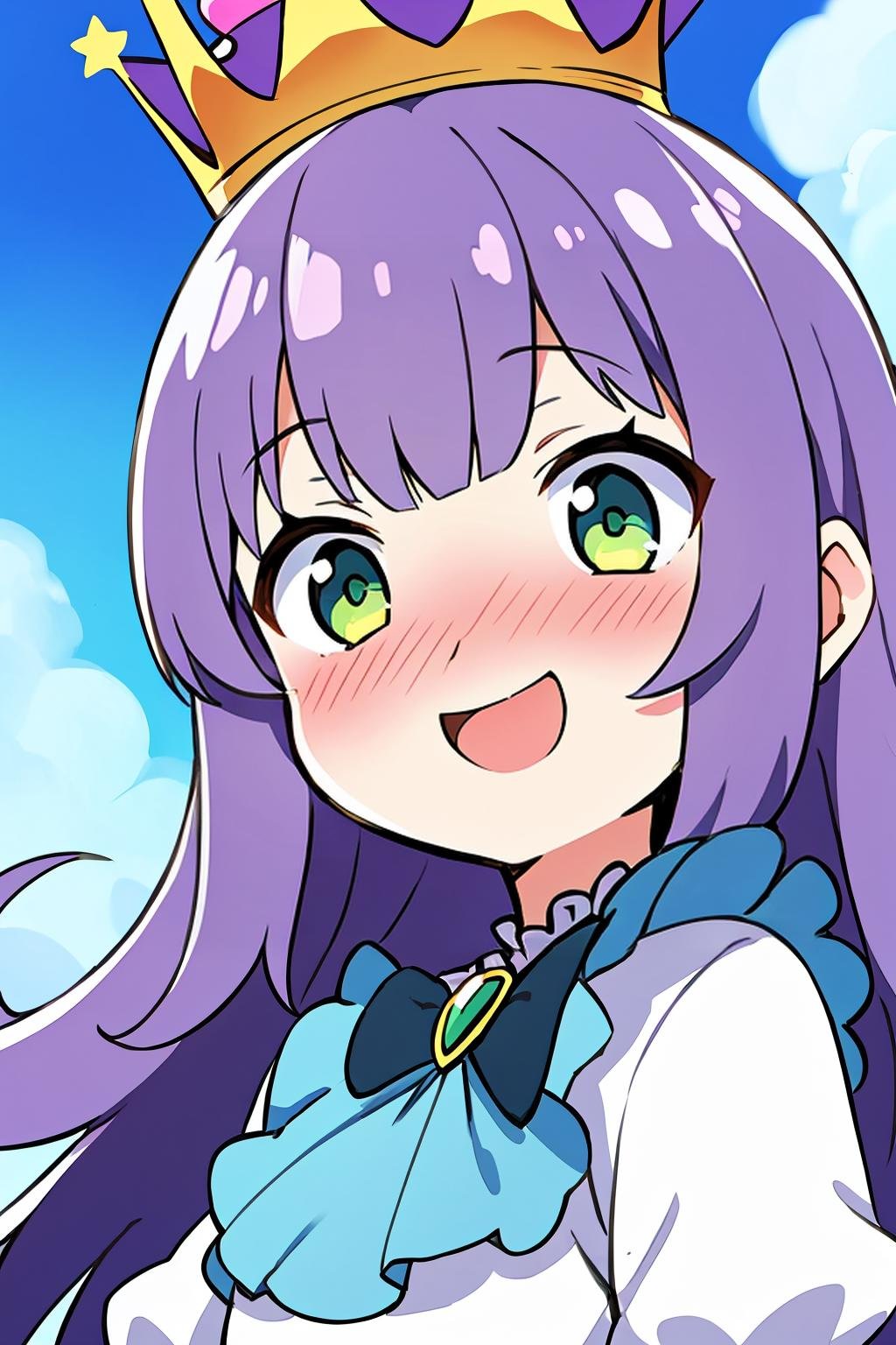 masterpiece, best quality, solo, petite,long hair, wavy hair, purple hair, green eyes, dress, open mouth, nose blush, surprised, smile, frills, crown,portrait, blue sky, cloud,