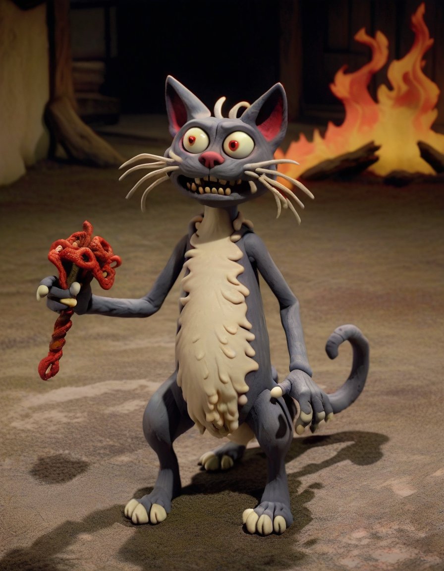 claymation, Kasha: Corpse-eating cat, Cat-like, Fire-wielding, Supernatural, Monstrous, Yokai, Ethereal, Otherworldly. <lora:CLAYMATE_V2.03_:1>