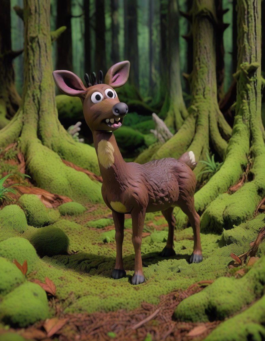 claymation, a Musk deer in Mossy Forest landscape at Small hours <lora:CLAYMATE_V2.03_:1>