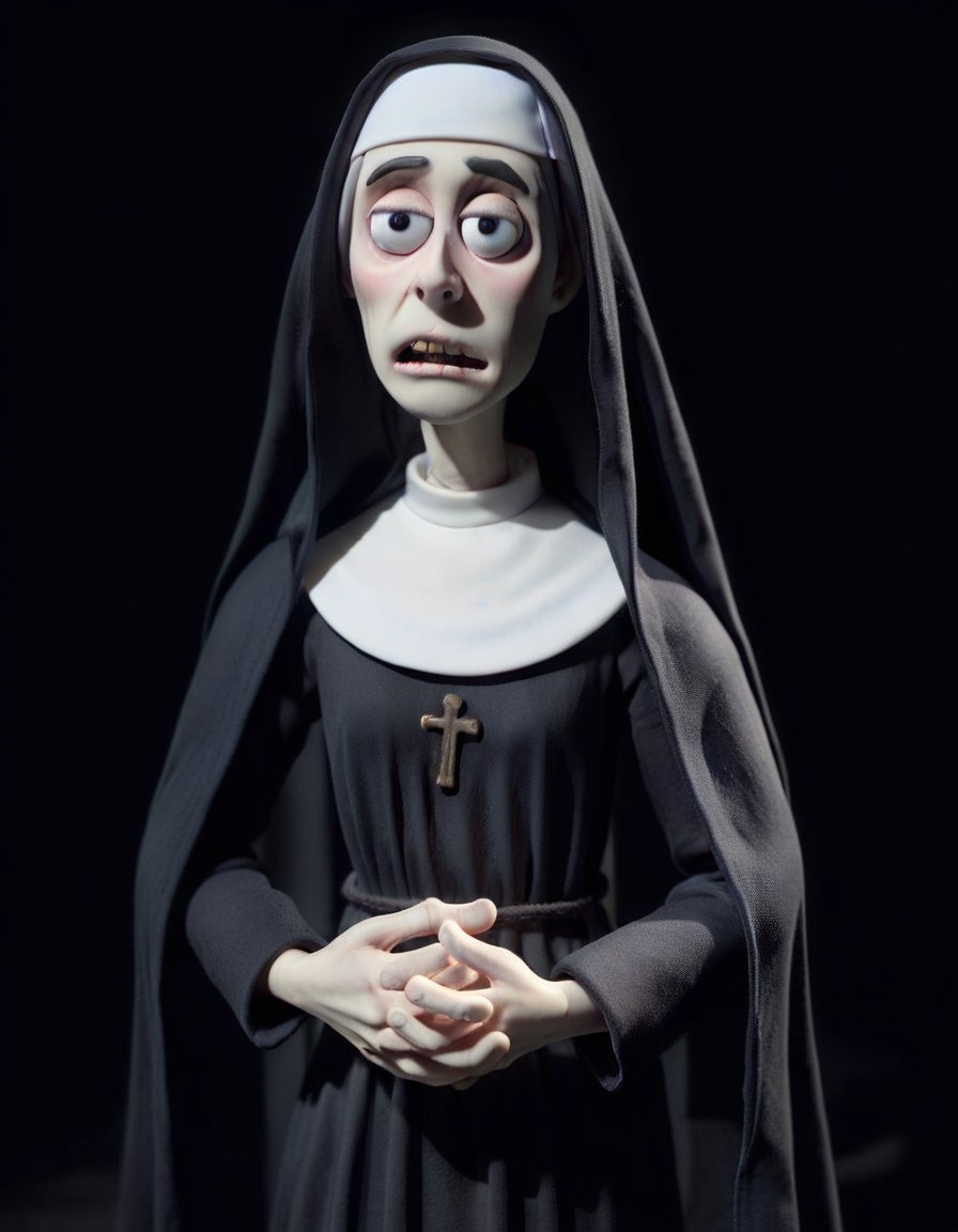 claymation, Monachella: Nun-like, Ghostly, Haunting, Veiled, Ethereal, Supernatural, Mourning, Silent. <lora:CLAYMATE_V2.03_:1>