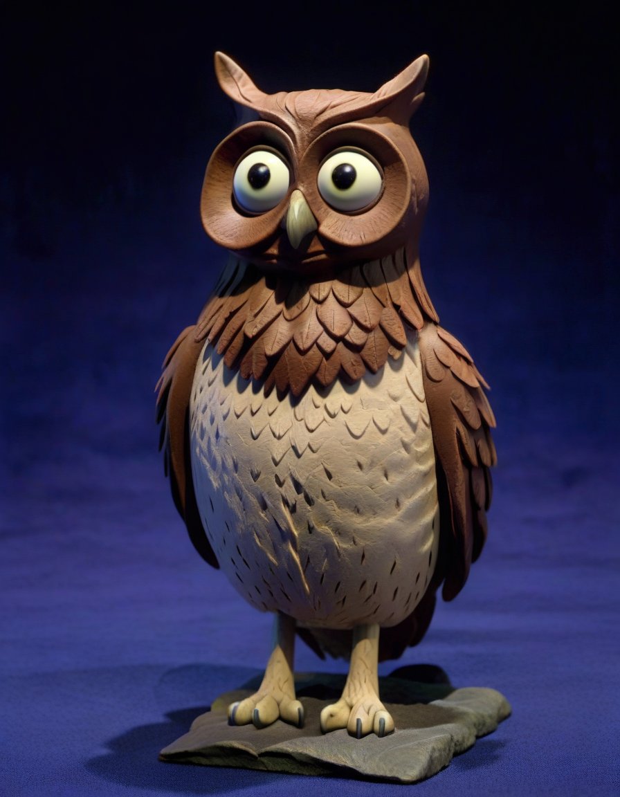 claymation, Civetta: Owl-like, Shapeshifting, Guardian, Wise, Nocturnal, Watchful, Mystic, Omen. <lora:CLAYMATE_V2.03_:1>