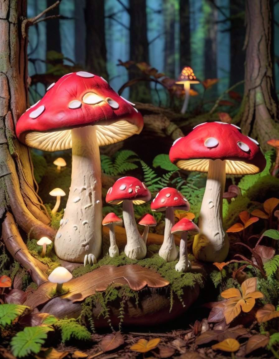 claymation, Mushroom Forest: Giant toadstools, friendly critters, glowing fungi, fairy lights, magic-infused air. <lora:CLAYMATE_V2.03_:0.8>