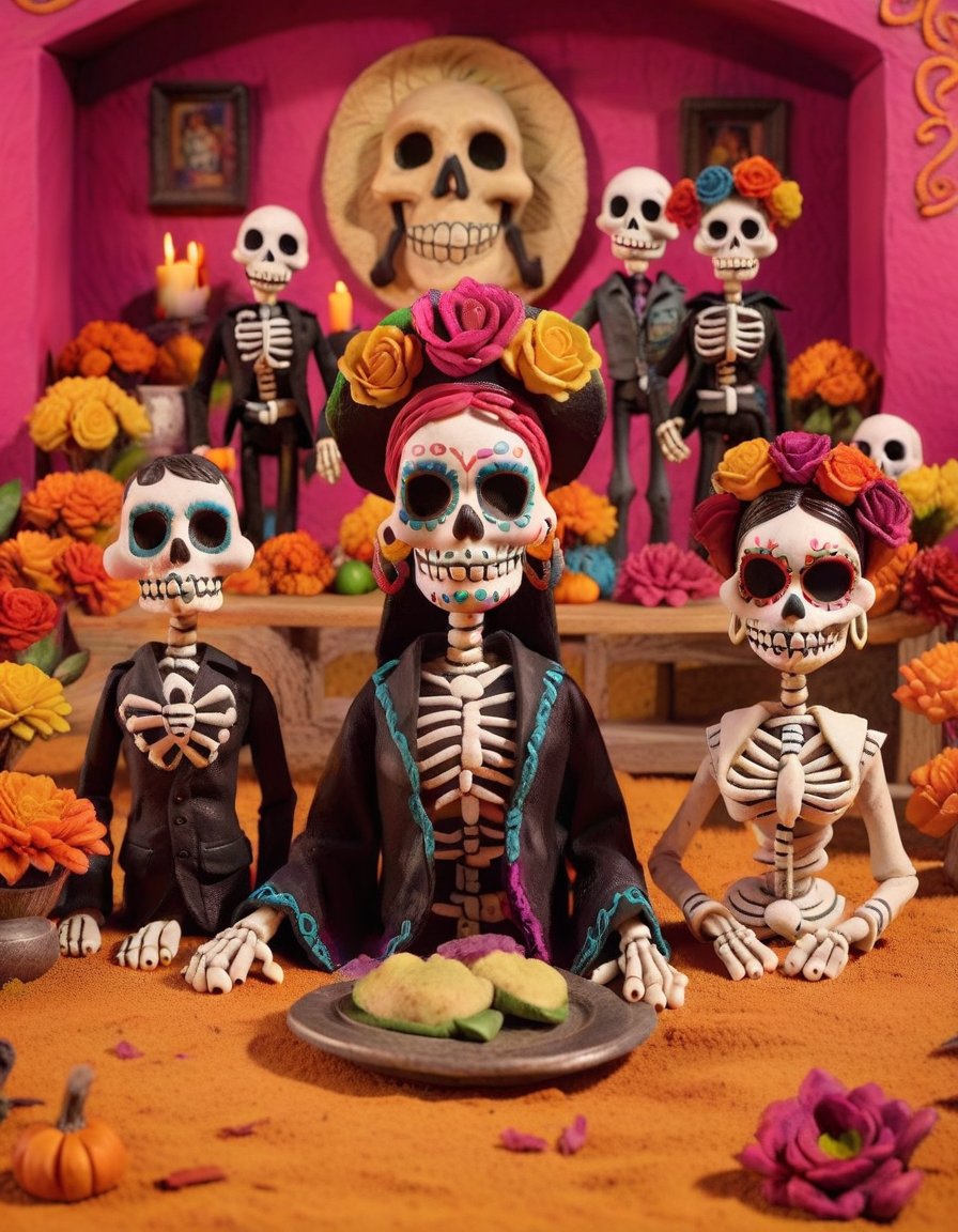 claymation, Dia de los Muertos (Day of the Dead), Colorful Skull Masks, Sugar Skull Art, Altars and Offerings, Celebrating Ancestors, Mexican Tradition. <lora:CLAYMATE_V2.03_:1>