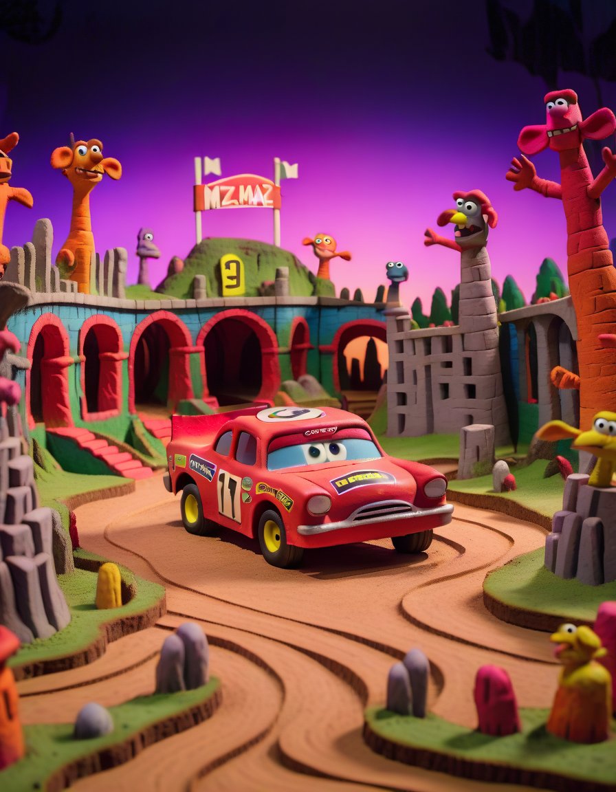 claymation, a Stock car in The Mirror Maze landscape at Dusk <lora:CLAYMATE_V2.03_:0.8>