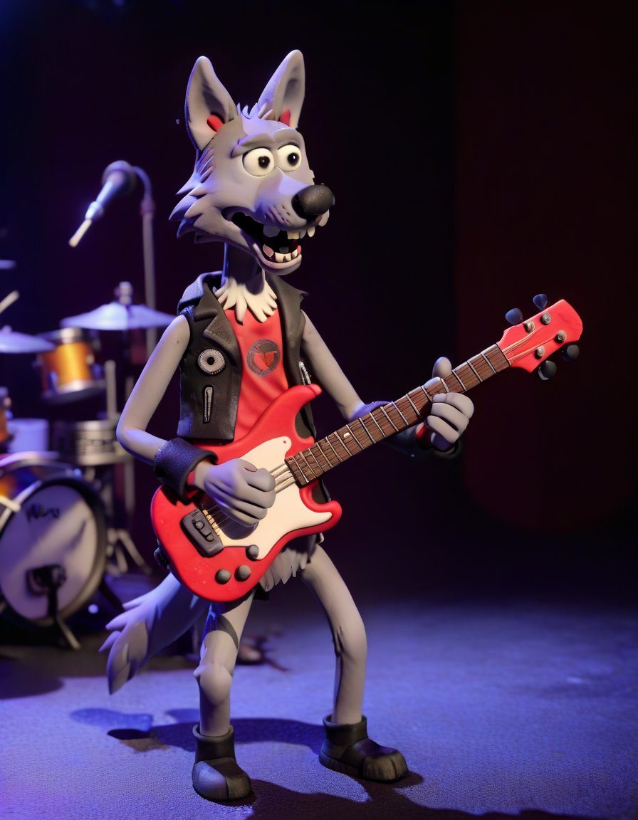 claymation, a Wolf playing guitar in a club, rock band, concert <lora:CLAYMATE_V2.03_:1>