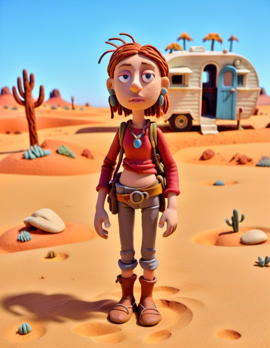 claymation, a Australian girl Nomad, wandering, traveler, desert, caravan, independent, free spirit, nomadic, exploration. <lora:CLAYMATE_V2.03_:0.8>