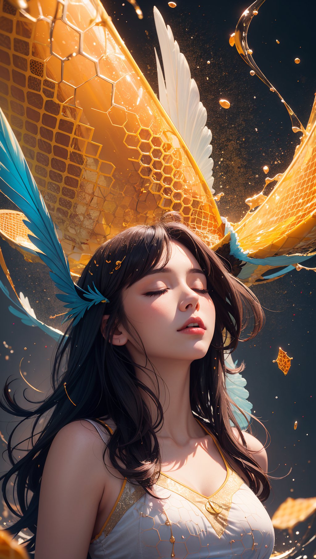 masterpiece,best quality,1girl,closed eyes,upper body,splashing,abstract,psychedelic,neon,(honeycomb pattern),(creative:1.3),sy3,SMM,fantasy00d,