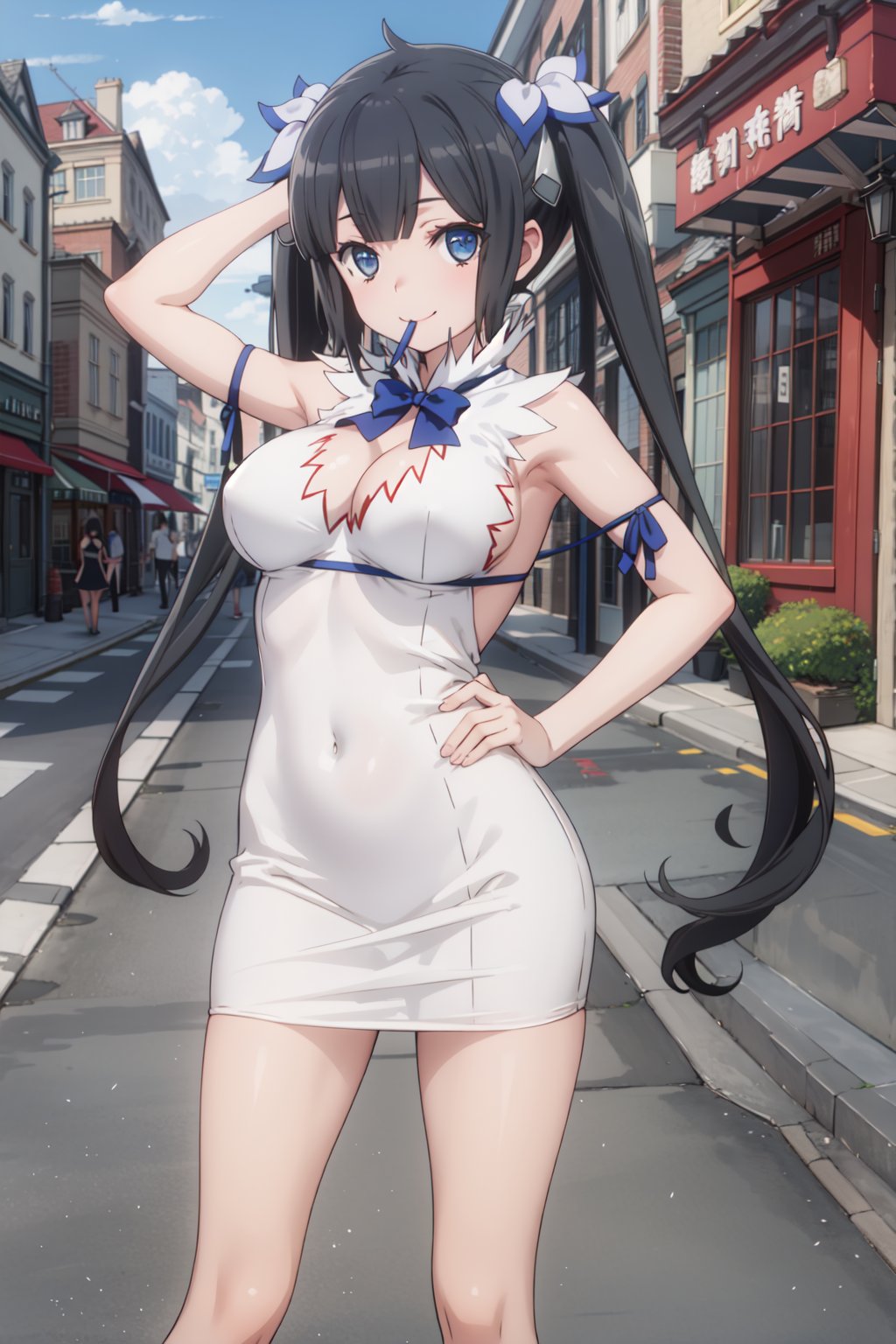 (masterpiece:1.2),  best quality,  twintails,  short dress,  white dress, hestia_danmachi,  looking at viewer,  smile,  mouth open,  hand behind head,  dynamic view,  posing,  outdoors,  street,  medieval city,<lora:EMS-94925-EMS:0.800000>