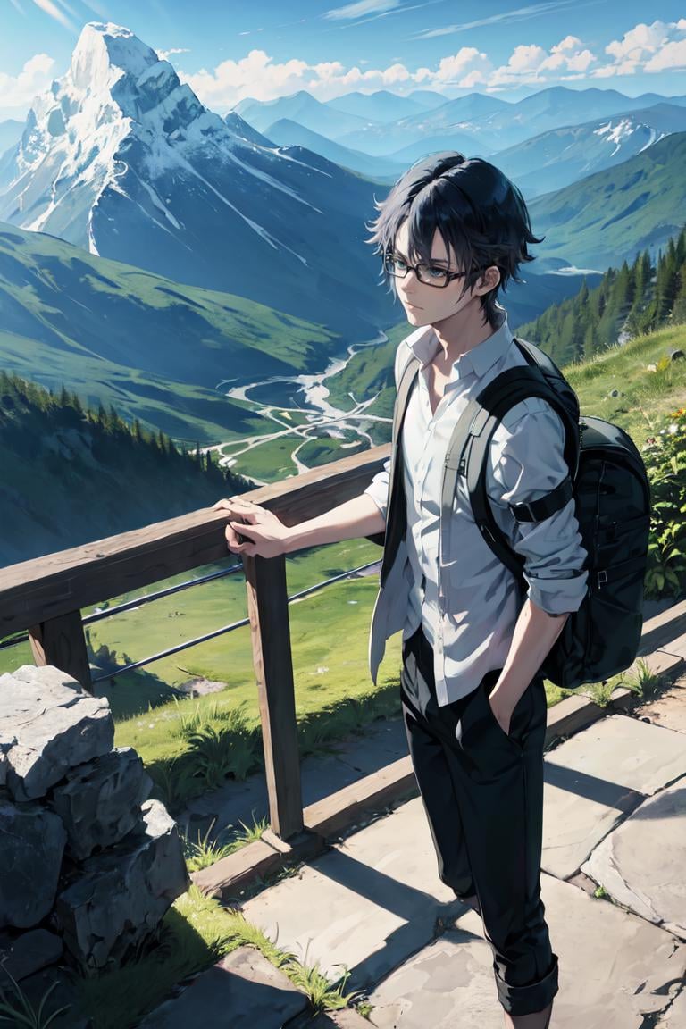 masterpiece, best quality, absurdres, 1boy, solo, FushimiSaruhiko, glasses, pants, shirt, hiker, backpack, mountain scene, <lora:FushimiSaruhiko:1>