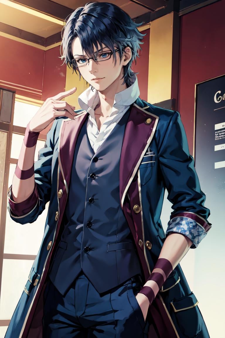 masterpiece, best quality, absurdres, 1boy, solo, FushimiSaruhiko, glasses, blue coat, black vest, collared shirt, blue pants, wristband, <lora:FushimiSaruhiko:1>