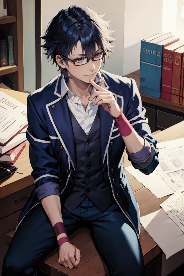 masterpiece, best quality, absurdres, 1boy, solo, FushimiSaruhiko, glasses, blue coat, black vest, collared shirt, blue pants, wristband, sitting, office, smile, <lora:FushimiSaruhiko:1>