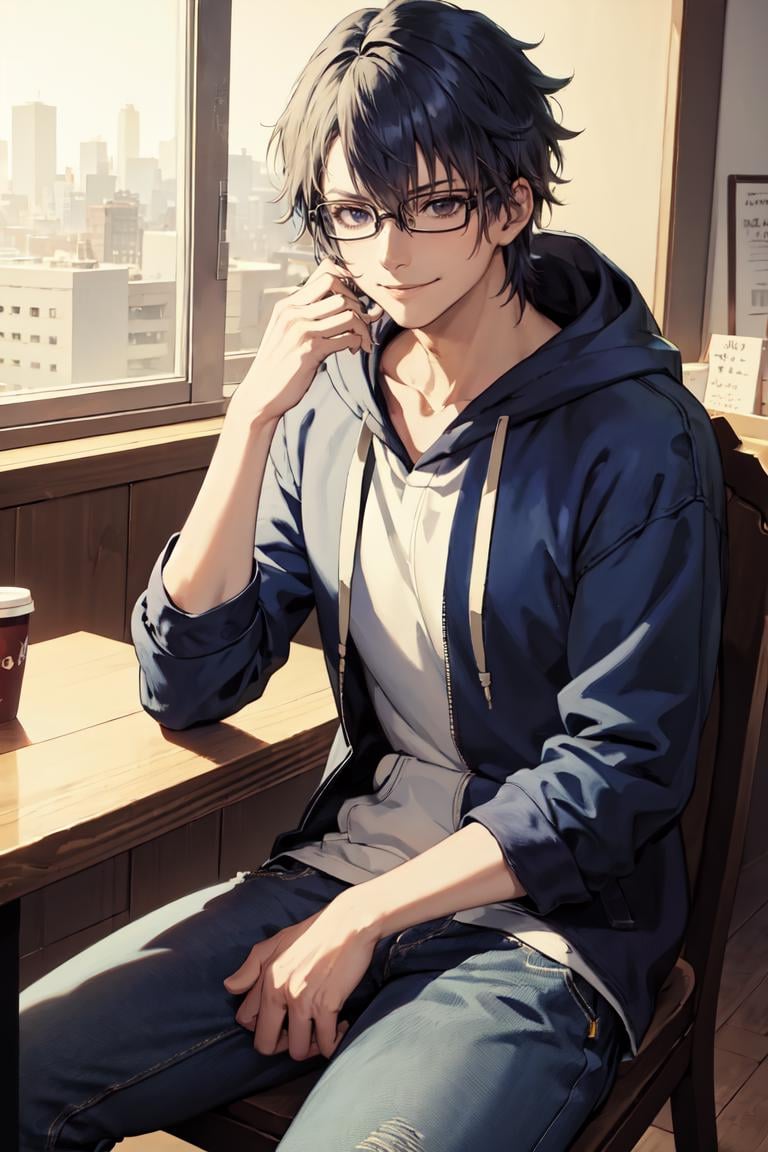 masterpiece, best quality, absurdres, 1boy, solo, FushimiSaruhiko, glasses, hoodie, jeans, indoors, coffe shop, sitting, smile, <lora:FushimiSaruhiko:1>