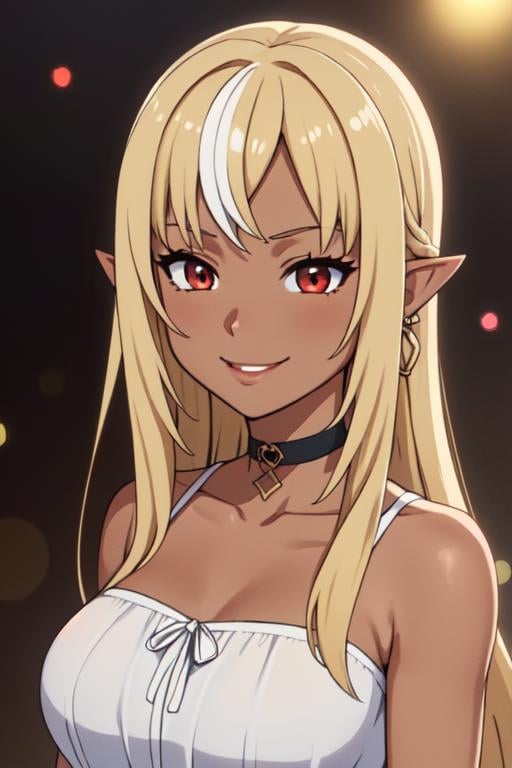 masterpiece, best quality, 1girl, Shiranui Flare, Hololive,  mature female, anime screencap, long hair, wavy hair, blonde hair, red eyes, dress, swept bangs, medium breasts, choker, dark skin, earrings, pointy ears, makeup, smile,depth of field, portrait, night, bokeh, dark skin