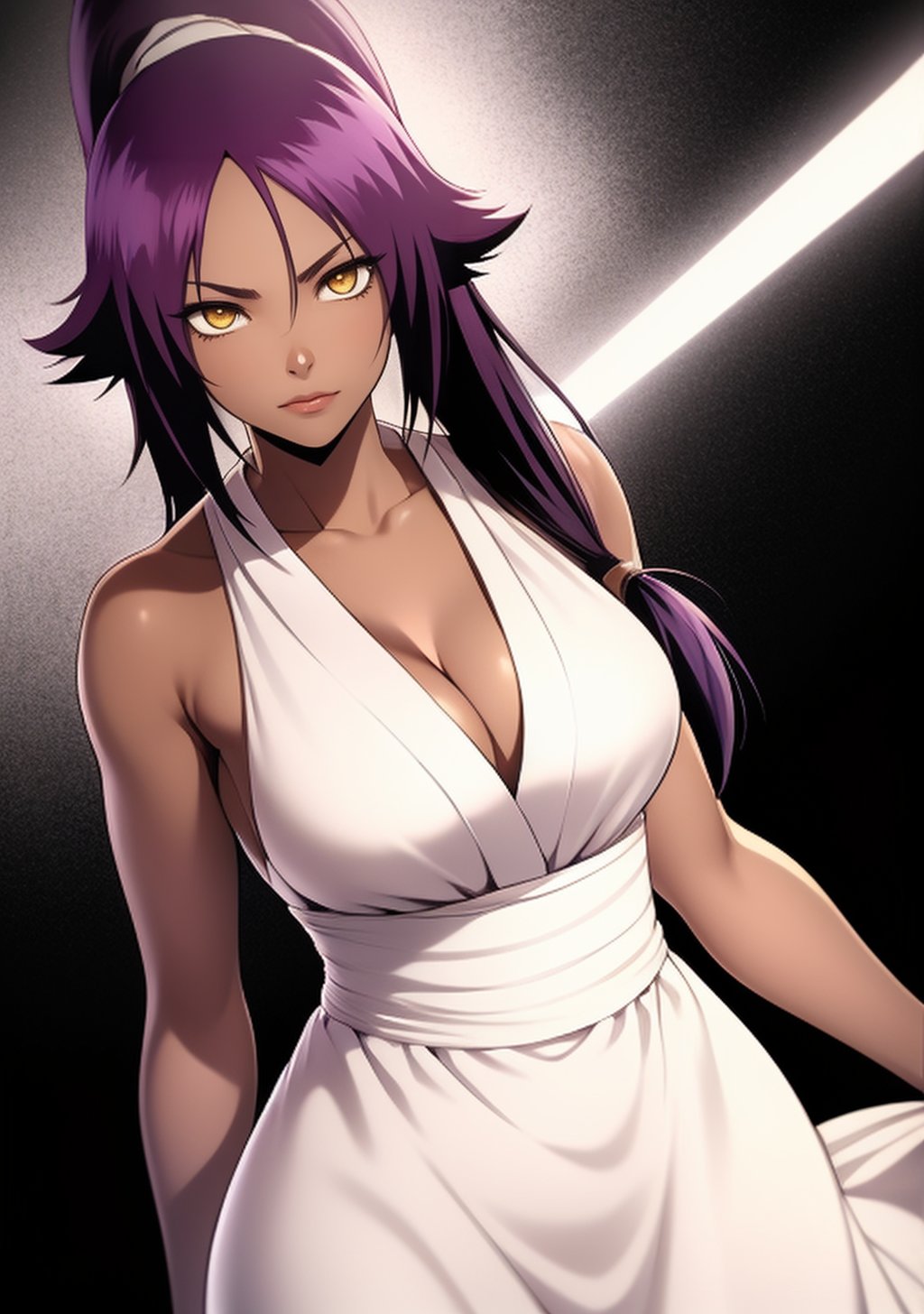  1girl, Yoruichi_Bleach, yellow eyes, ((Yoruichi Shihouin)), curvy_figure, white dress, perfect eyes, masterpiece, best quality, 4K, HDR, cinematiclighting,Yoruichi_Bleach,photorealistic,