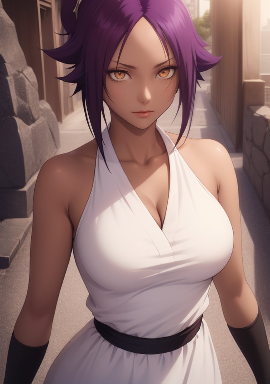  1girl, Yoruichi_Bleach, yellow eyes, ((Yoruichi Shihouin)), curvy_figure, white dress, perfect eyes, masterpiece, best quality, 4K, HDR, cinematiclighting,Yoruichi_Bleach,photorealistic,