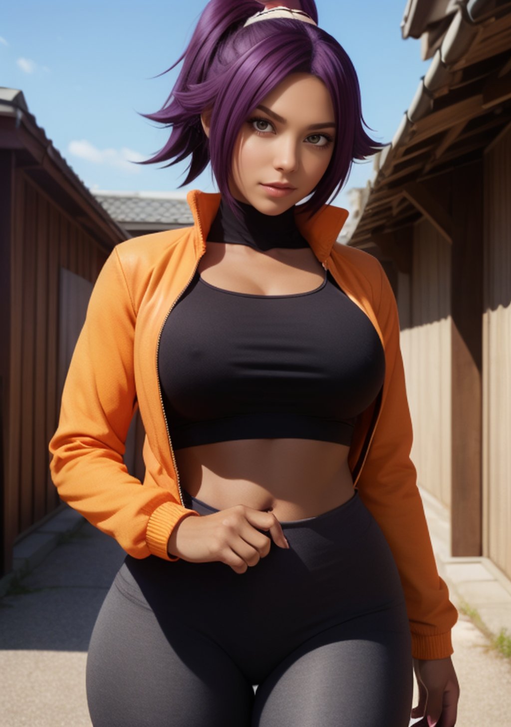  1girl, Yoruichi_Bleach, yellow eyes, ((Yoruichi Shihouin)), orange jacket, black leggins, curvy_figure, perfect eyes, masterpiece, best quality, 4K, HDR, cinematiclighting,Yoruichi_Bleach,photorealistic,