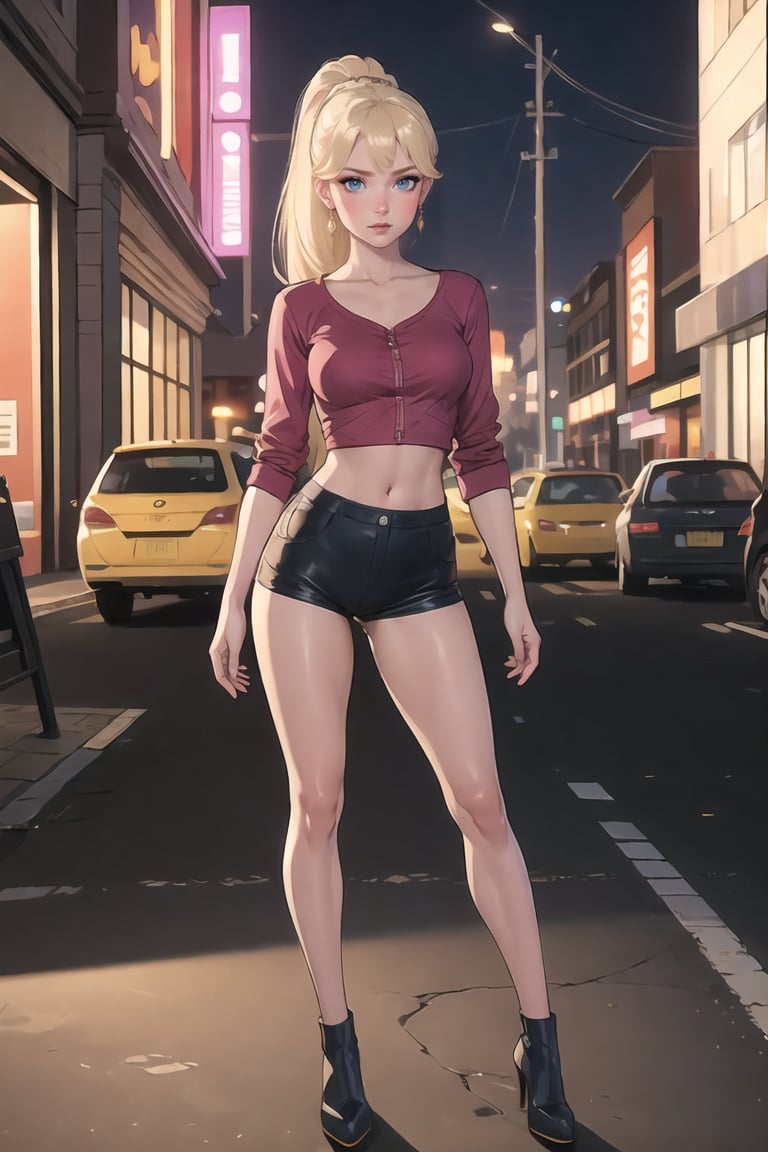 Teenager,  Eris Etolia,  Blonde,  Ponytail,  Blue Eyes,  She's in front of us,  with an alluring attitude; at outdoors, ,  city envoroment She looks like a stunning teenybopper at the mall,  brat,  Casual and sexy clothes for a teenager. Full Body Shoot.💡 **Additional Enhancers:** ((High-Quality)),  ((Aesthetic)),  ((Masterpiece)),  (Intricate Details),  Coherent Shape,  (Stunning Illustration),  [Dramatic Lightning],<lora:EMS-94980-EMS:0.350000>