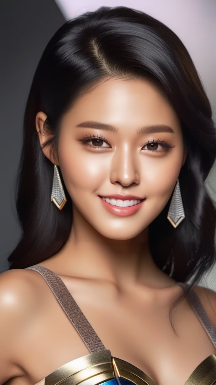 Very beautiful girl posing in photo studio,hourglass bodyshape,confident smile,glossy lips,dishelved black bob_cut,jewelry,earrings,form-fitting technological glass armor suit BREAK looking at viewer,(masterpiece, best quality, ultra-detailed, 8K),rembrandt lighting,shiny skin,wonder_woman,1 girl,seolhyun,detailmaster2