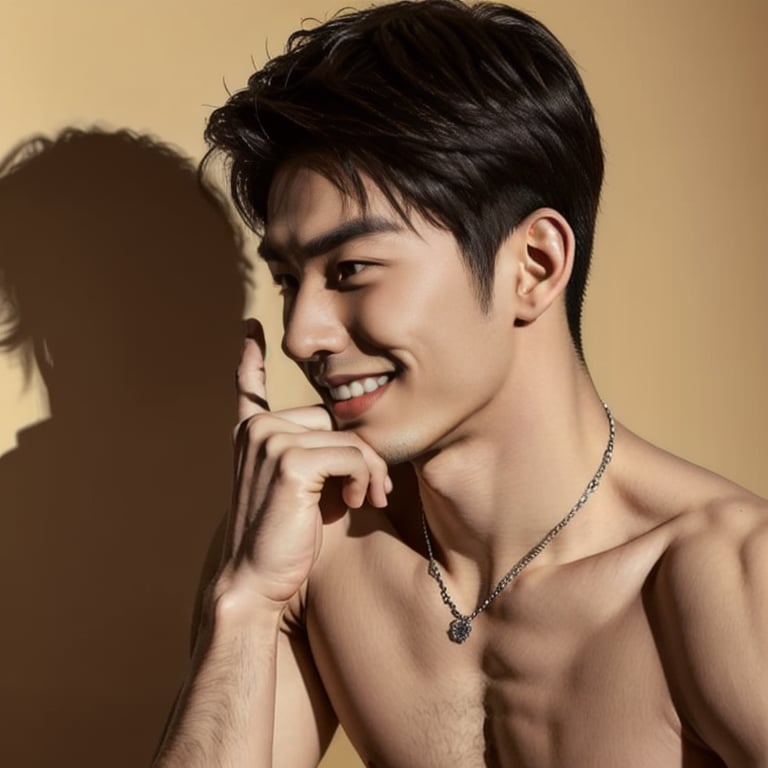 ((masterpiece)),((bestquality)),8k,high detailed,ultra-detailed,photography,award winning,documentary,Original Photo,realistic,1boy,1man,(topless:1.411),slim_asian_boy,tall,thin,thick eyebrows,black eyes,solid eyes,handsome face,real skin texture,well-proportioned hands,light and shadow,Muscle,Nude,Upper Body,Shirt Ajar,Bedroom,Short Hair,Handsome,Face Coordination,Head Down,Short Hair,Wear a necklace,Grin,