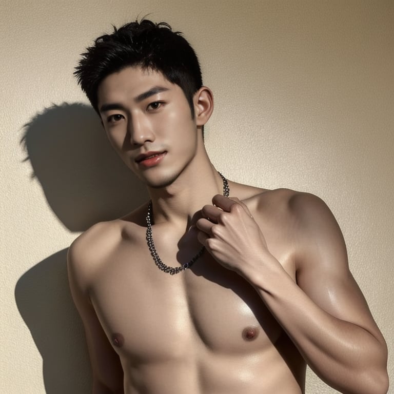 ((masterpiece)),((bestquality)),8k,high detailed,ultra-detailed,photography,award winning,documentary,Original Photo,realistic,1boy,1man,(topless:1.411),slim_asian_boy,tall,thin,thick eyebrows,black eyes,solid eyes,handsome face,real skin texture,well-proportioned hands,light and shadow,Muscle,Nude,Upper Body,Shirt Ajar,Bedroom,Short Hair,Handsome,Face Coordination,Head Down,Short Hair,Wear a necklace,Giggling,