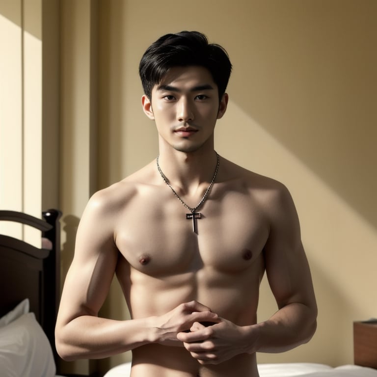 ((masterpiece)),((bestquality)),8k,high detailed,ultra-detailed,photography,award winning,documentary,Original Photo,realistic,1boy,1man,(topless:1.411),slim_asian_boy,tall,thin,thick eyebrows,black eyes,solid eyes,handsome face,real skin texture,well-proportioned hands,light and shadow,Muscle,Nude,Upper Body,Shirt Ajar,Bedroom,Short Hair,Handsome,Face Coordination,Head Down,Short Hair,Wear a necklace,Smirk,