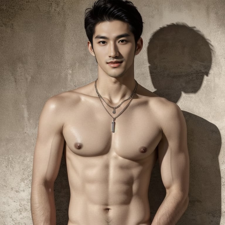 ((masterpiece)),((bestquality)),8k,high detailed,ultra-detailed,photography,award winning,documentary,Original Photo,realistic,1boy,1man,(topless:1.411),slim_asian_boy,tall,thin,thick eyebrows,black eyes,solid eyes,handsome face,real skin texture,well-proportioned hands,light and shadow,Muscle,Nude,Upper Body,Shirt Ajar,Bedroom,Short Hair,Handsome,Face Coordination,Head Down,Short Hair,Wear a necklace,Kind Smile,