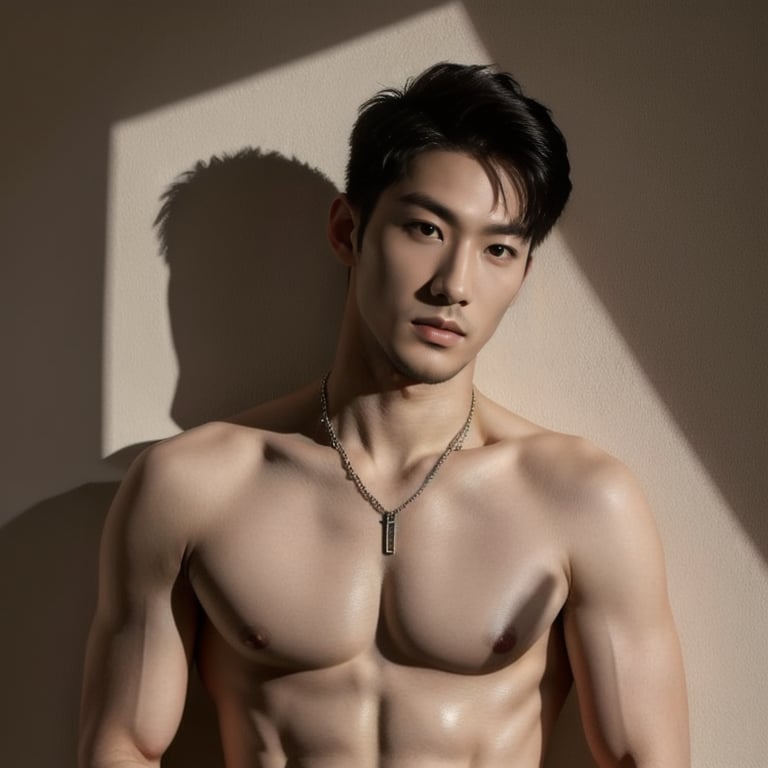 ((masterpiece)),((bestquality)),8k,high detailed,ultra-detailed,photography,award winning,documentary,Original Photo,realistic,1boy,1man,(topless:1.411),slim_asian_boy,tall,thin,thick eyebrows,black eyes,solid eyes,handsome face,real skin texture,well-proportioned hands,light and shadow,Muscle,Nude,Upper Body,Shirt Ajar,Bedroom,Short Hair,Handsome,Face Coordination,Head Down,Short Hair,Wear a necklace,Smug,