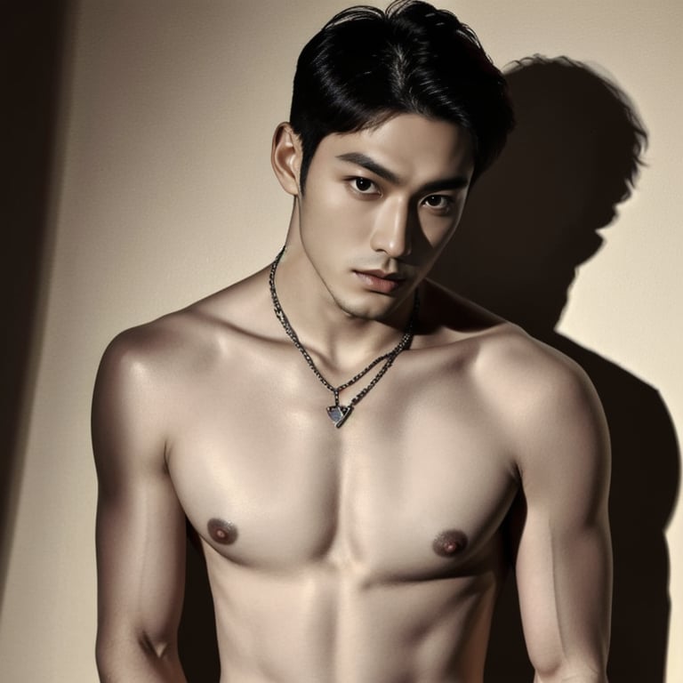 ((masterpiece)),((bestquality)),8k,high detailed,ultra-detailed,photography,award winning,documentary,Original Photo,realistic,1boy,1man,(topless:1.411),slim_asian_boy,tall,thin,thick eyebrows,black eyes,solid eyes,handsome face,real skin texture,well-proportioned hands,light and shadow,Muscle,Nude,Upper Body,Shirt Ajar,Bedroom,Short Hair,Handsome,Face Coordination,Head Down,Short Hair,Wear a necklace,Happy Birthday,