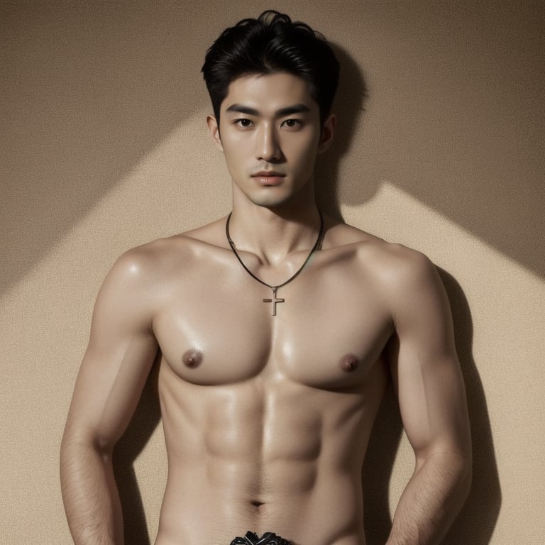 ((masterpiece)),((bestquality)),8k,high detailed,ultra-detailed,photography,award winning,documentary,Original Photo,realistic,1boy,1man,(topless:1.411),slim_asian_boy,tall,thin,thick eyebrows,black eyes,solid eyes,handsome face,real skin texture,well-proportioned hands,light and shadow,Muscle,Nude,Upper Body,Shirt Ajar,Bedroom,Short Hair,Handsome,Face Coordination,Head Down,Short Hair,Wear a necklace,Happy,