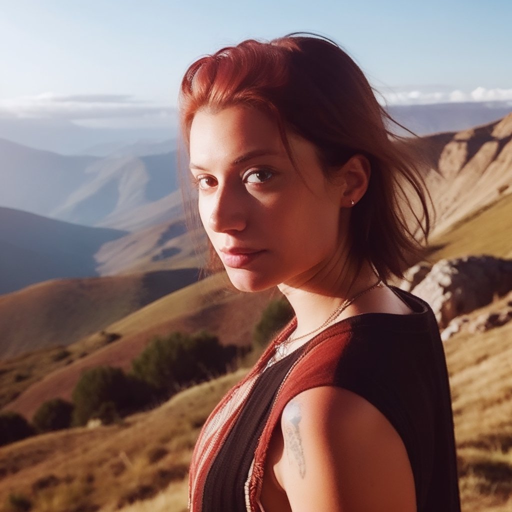 portrait photo by annie leibovitz. ginger inprdm a punk viking, short hair, on the mountain, sharp focus