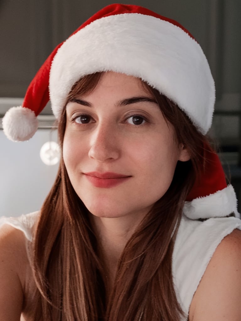 inprdm, depilated eyebrows, young, professional photography, masterpiece, best quality, 8k, ultra realistic, photo r3al, delicate face, clean face, mysterious, closed mouth, raised head, warm lighting, ((laughing)), santa claus hat, smirking, front view, smirk, naked, epiC35mm