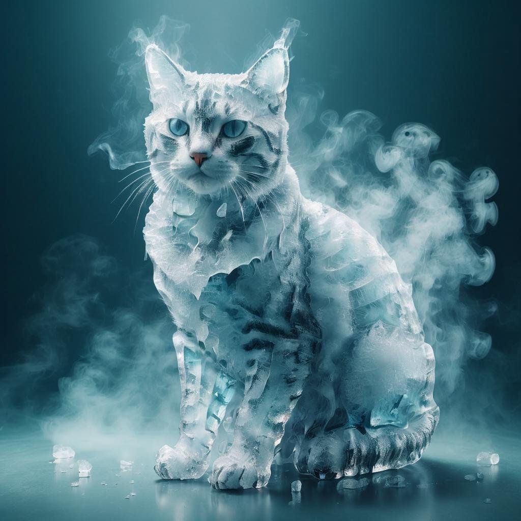 a cat,ice,  <lora:Ice:1>,smoke