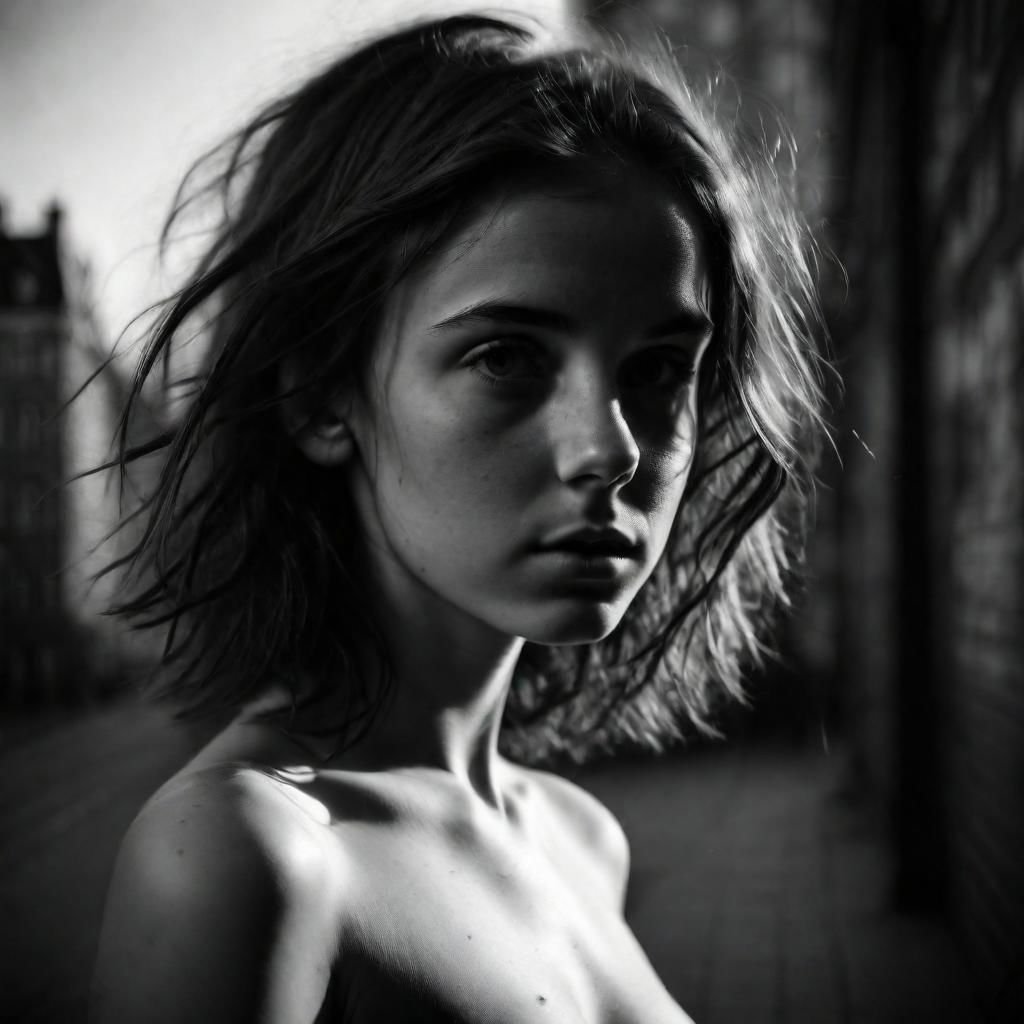 Black & white photography, portrait of a beautiful young brunette, disheveled shoulder length hair, natural light, urbanscape in the blackground, harsh shadows, large lens