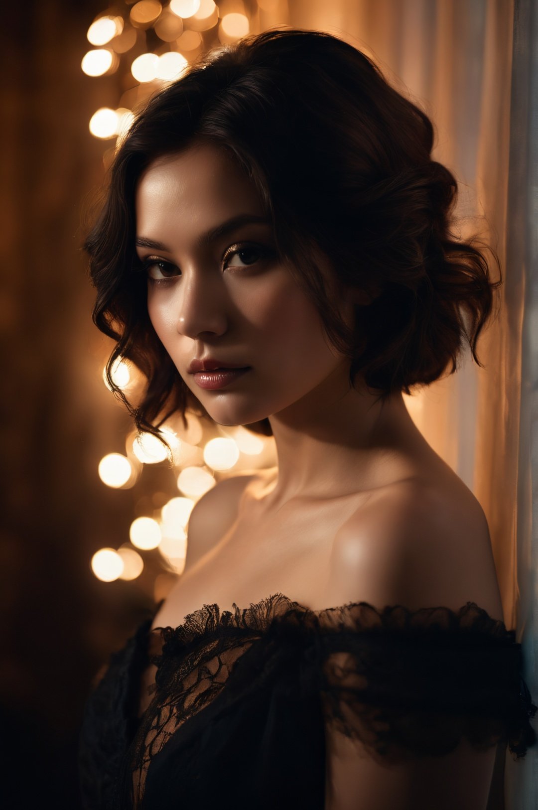 photographic of a girl for cgart mayfly\(model\) test, close up, ethereal beauty, elegant off-shoulder dress, mysterious ambiance, obscured silhouette, dimly lit, alluring look, chic bob hairstyle. BREAK, radiant glow on face, enchanted realm, cinematic lighting