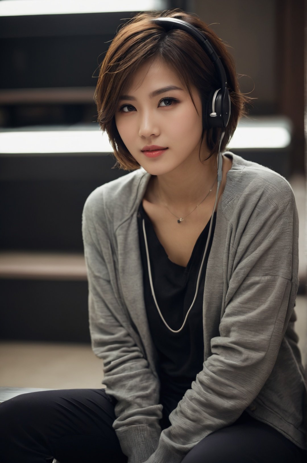 a beautiful Chinese women by cgart mayfly, solo, sitting, brown hair, pants, headphones around neck, jacket, lips, indoors, brown eyes, off shoulder, short hair, BREAK, shot with Hasselblad XCD 80mm f/1.8, 35mm photograph