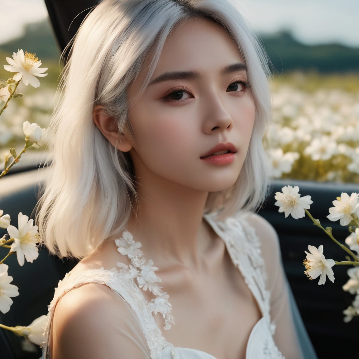  breathtaking ethereal fantasy concept art of cinematic film still,chinese girl,a girl with white hair sitting in car filled with flowers,art by Rinko Kawauchi,in the style of naturalistic poses,vacation dadcore,youth fulenergy,a cool expression,body extensions,flowersin the sky,****og film,super detail,dreamy lofi photography,colourful,covered in flowers andvines,Inside view,shot on fujifilm XT4 . shallow depth of field,vignette,highly detailed,high budget,bokeh,cinemascope,moody,epic,gorgeous,film grain,grainy . magnificent,celestial,ethereal,painterly,epic,majestic,magical,fantasy art,cover art,dreamy, award-winning, professional, highly detailed, light master