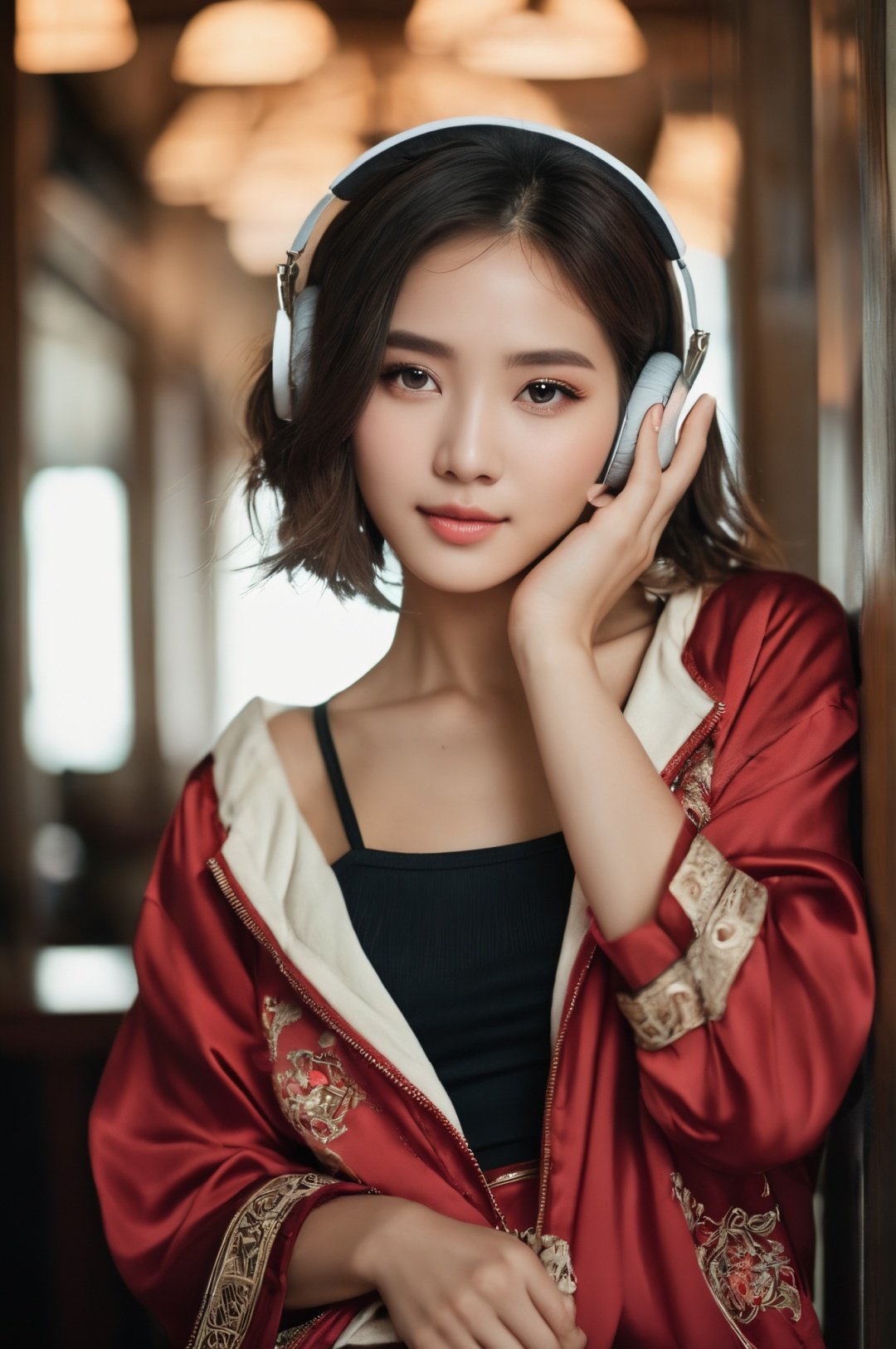 Beautiful Chinese Women, She has exquisite facial features and delicate skin, Rich and realistic skin texture, BREAK, solo, sitting, looking at viewer, headphones, brown hair, pants, headphones around neck, jacket, holding, lips, indoors, brown eyes, off shoulder, short hair, BREAK, shot with Hasselblad XCD 80mm f/1.8, 35mm photograph