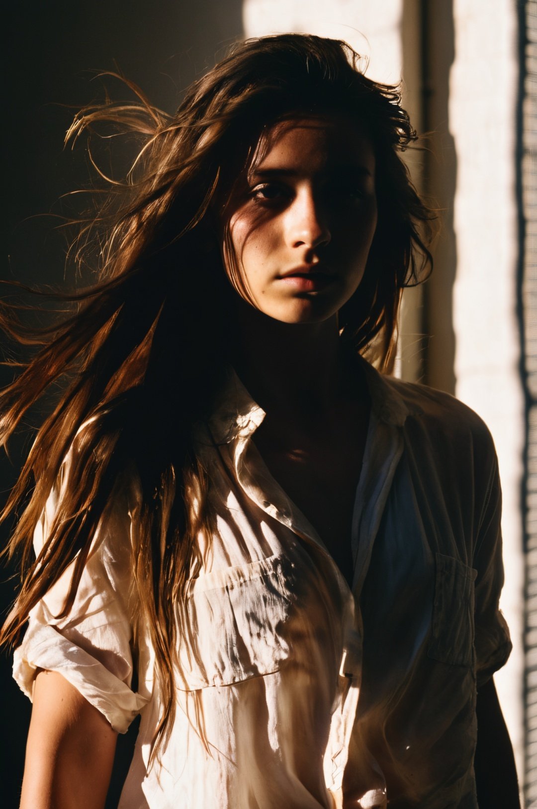 cinematic film still, 1girl, shadow, open shirt, messy long hair