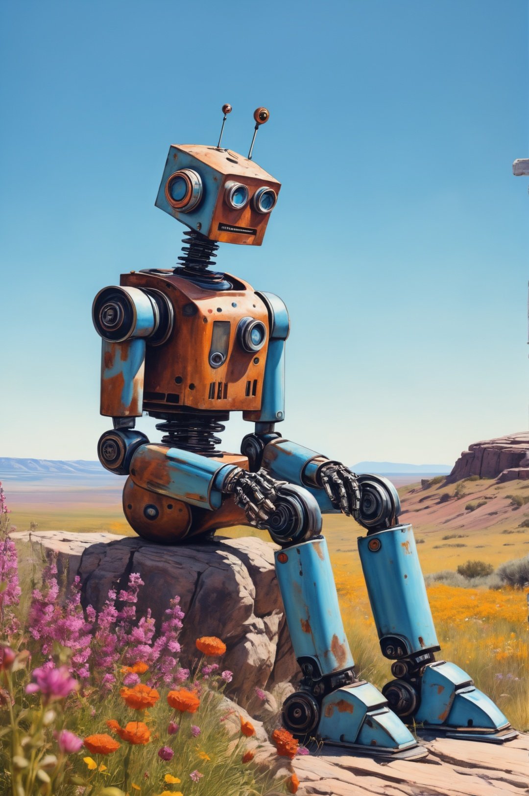 lonely robot sitting on a rock, rusty, surrounded by wildflowers, clear blue sky, sharp focus, surrealism style, crayon drawing with mature artistic details, vivid colors, bold lines, loneliness ambience